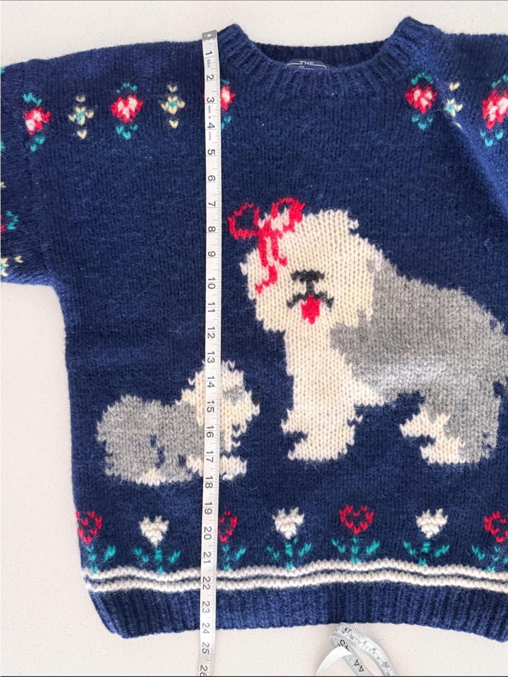 Vtg Woolrich Pure Virgin Wool Dog Sweater Navy Blue Sheepdog Floral Knit XL - Picture 5 of 13